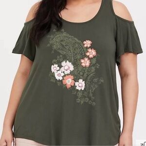 Floral Cold Shoulder Top - Olive Green